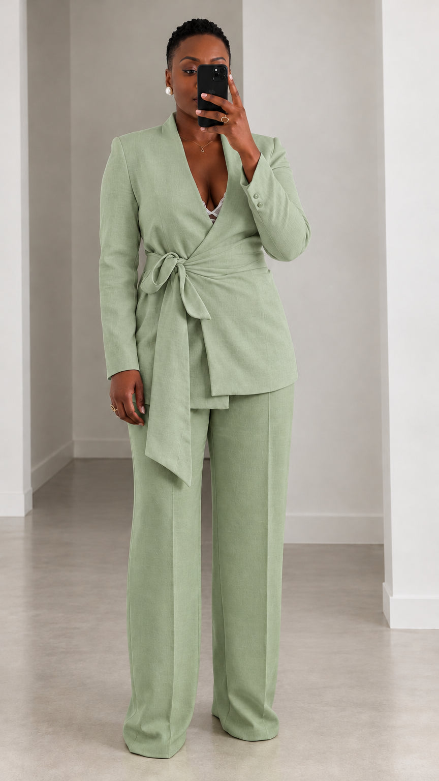 Women's Elegant Tie-Waist Wrap Blazer and Wide-Leg Trousers Two-Piece Suit Set