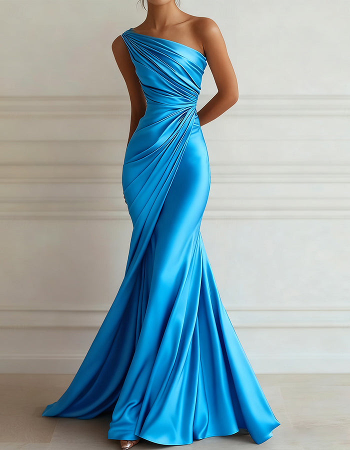 One-shoulder Stretch Satin Pleats Maxi Dress