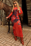 Mini Slip Dresses Hot Drilling Cover Ups Mesh Maxi Dresses 2pcs Set-Red