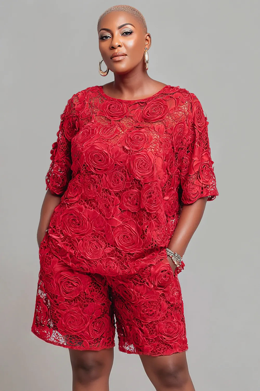 Party Red Round Neck Short Sleeve Pocket See Through Lace Two Piece Short Sets