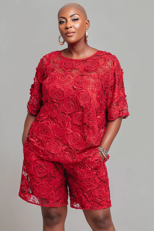 Party Red Round Neck Short Sleeve Pocket See Through Lace Two Piece Short Sets
