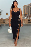 Wide Straps Sleeveless Eyelet Slit Slim Casual Maxi Dresses-Black