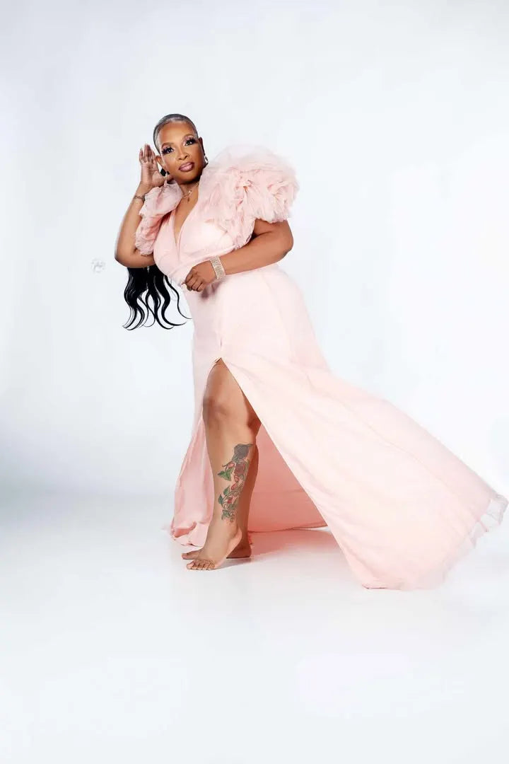 Pink Split Joint V Neck Tulle Ruffle Trailing Maxi Dress