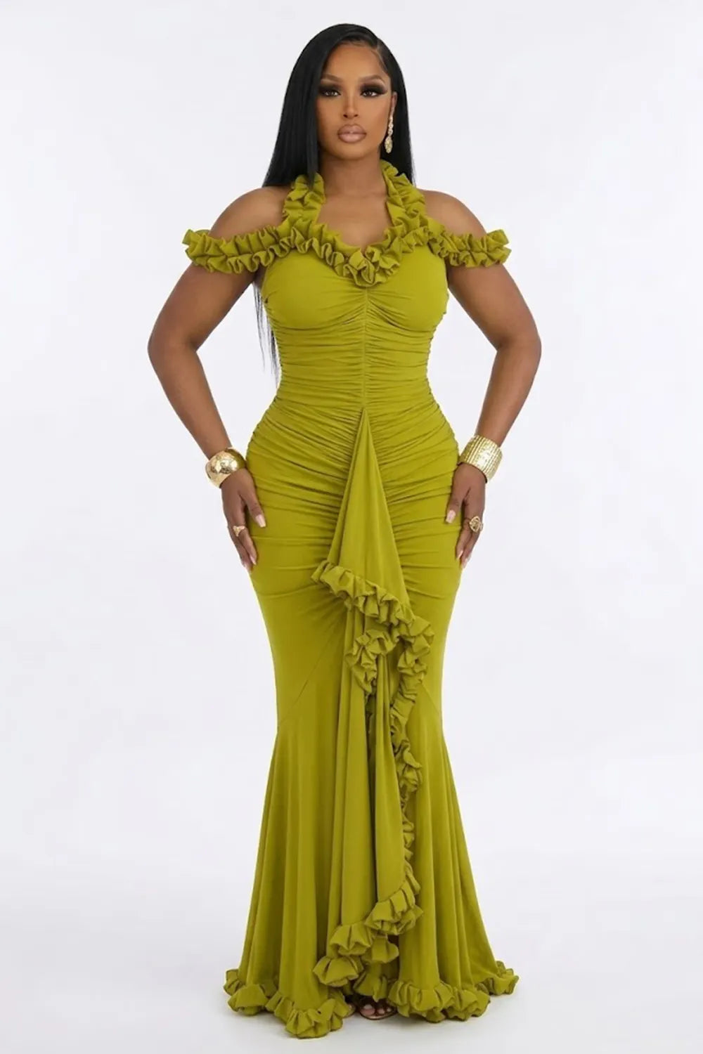 Frilled Halter Neck Off Shoulder Ruched Mermaid Party Maxi Dresses-Green