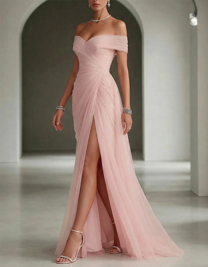 Solid Color Off Shoulder Mesh Ruching And Slit  Maxi Dress