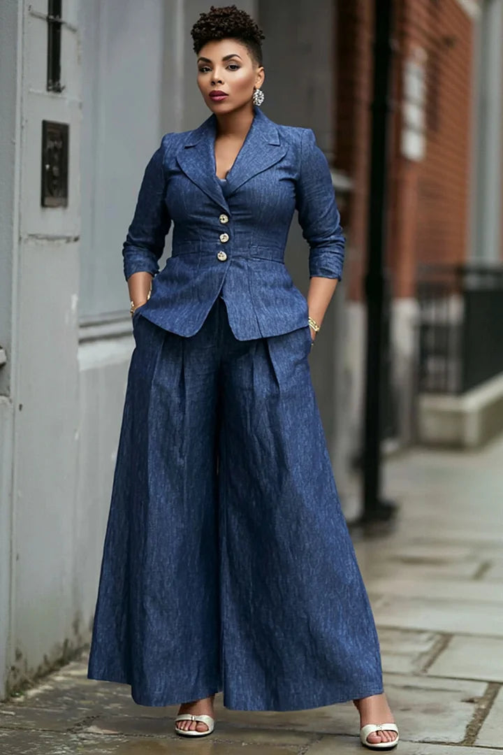 Xpluswear Design Plus Size Business Casual Elegant Blue Lapel Collar 3/4 Sleeve Pocket Wide Leg Tencel Denim Two Piece Pant Suits