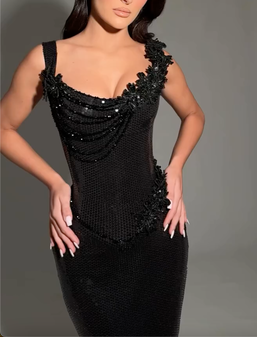 Black Sequin Maxi Dress with Beaded Floral Appliqués & Chain Drape