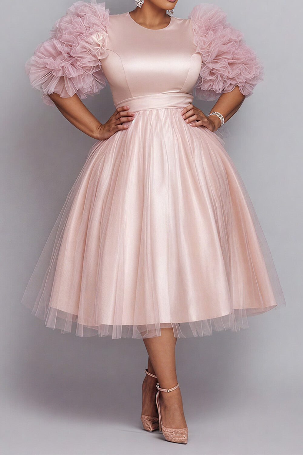 Tulle Pink Round Neck Long Sleeve Contrast Elegant 3D Satin Midi Dresses