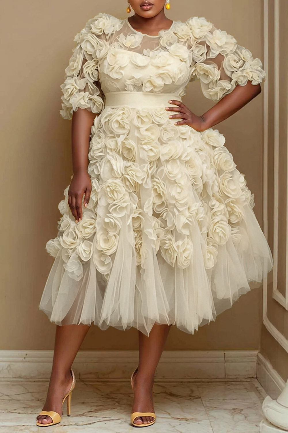 Wedding Guest Yellow Round Neck Short Sleeve 3D See Through Tulle Midi Dresses