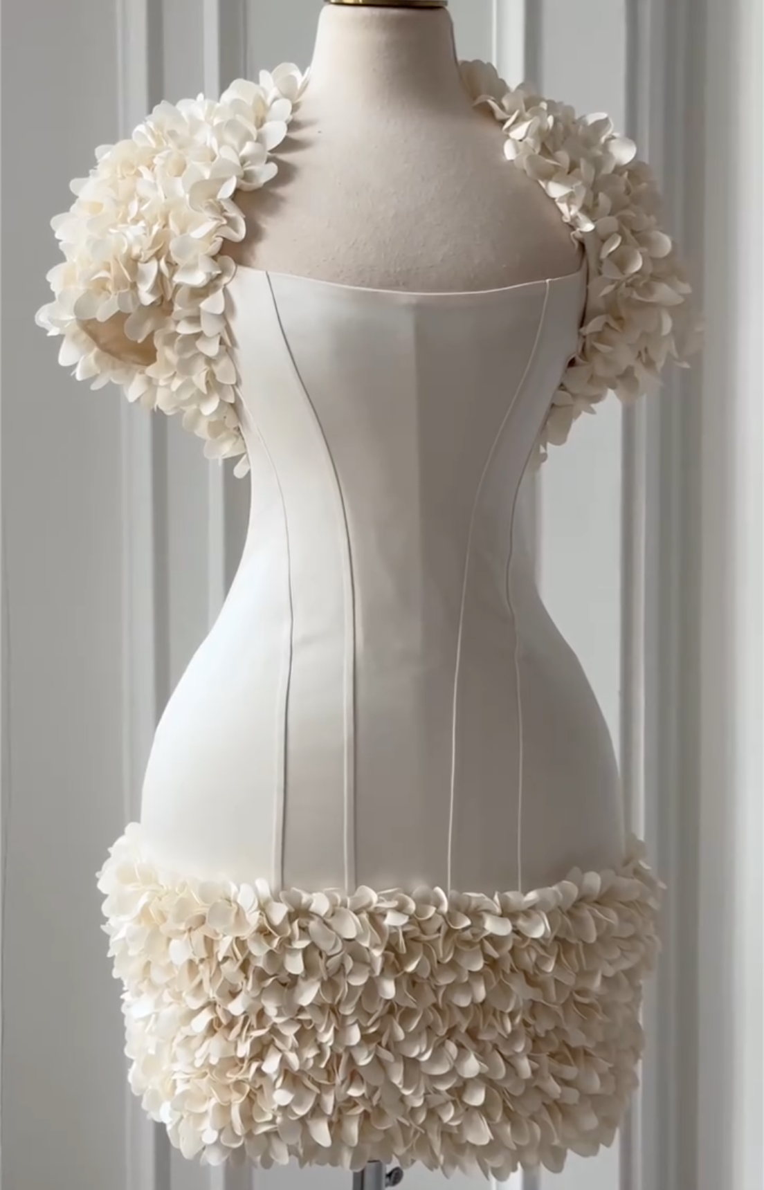 White Satin Corset Mini Dress with 3D Floral Appliqués - Formal Party Gown