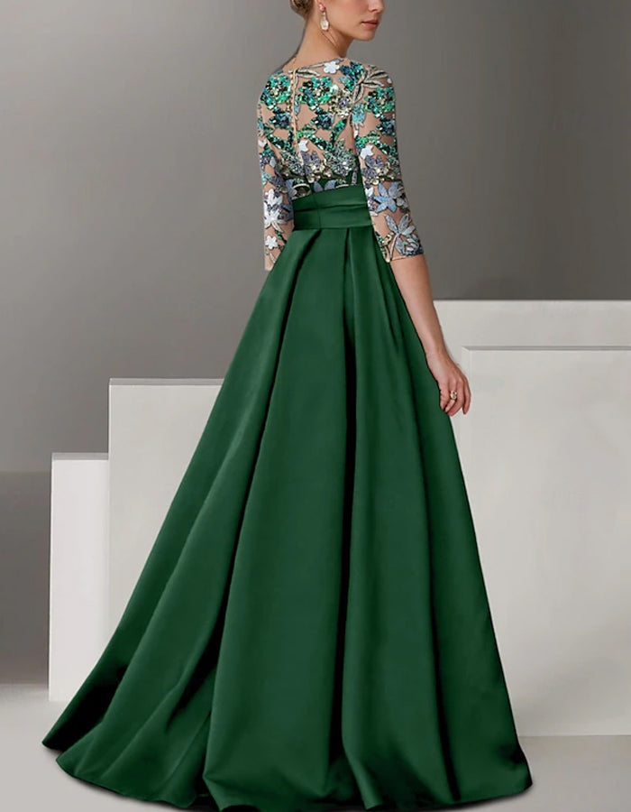 Round Neck Satin Sequined Sleeves Maxi Dress