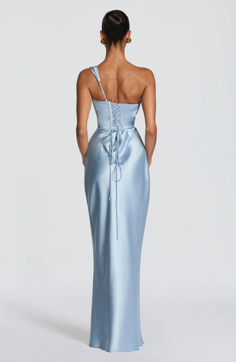 Light Blue Satin Ruched Maxi Dress - Elegant Formal Evening Gown Collection
