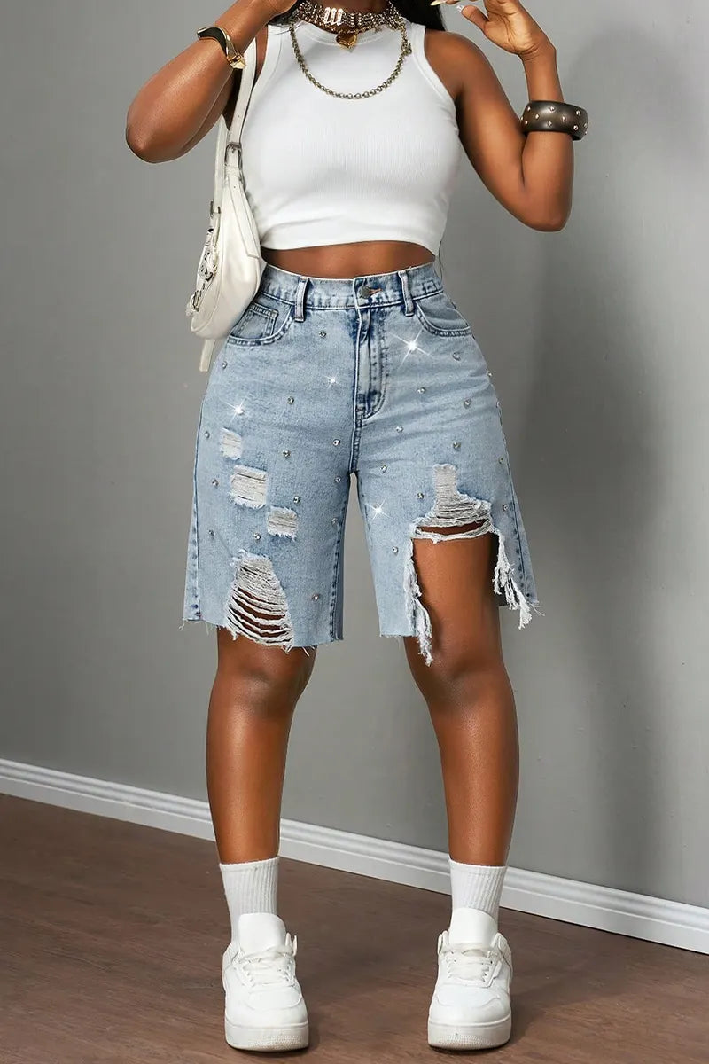 Ladies' Summer Hot Selling Casual Rhinestone Ripped Denim Shorts