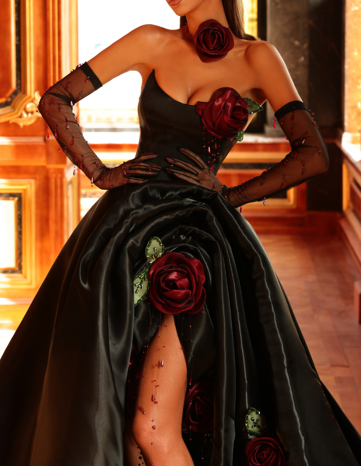 Elegant Strapless Black Evening Gown with 3D Rose
