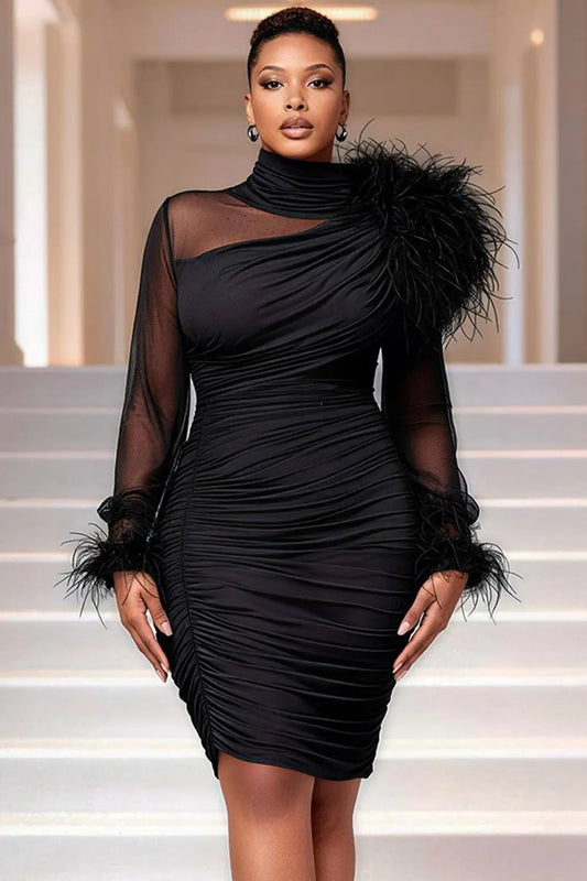 Cocktail Party Elegant Black Stand-Up Collar Long Sleeve Feather Contrast Mini Dresses [Pre-Order]