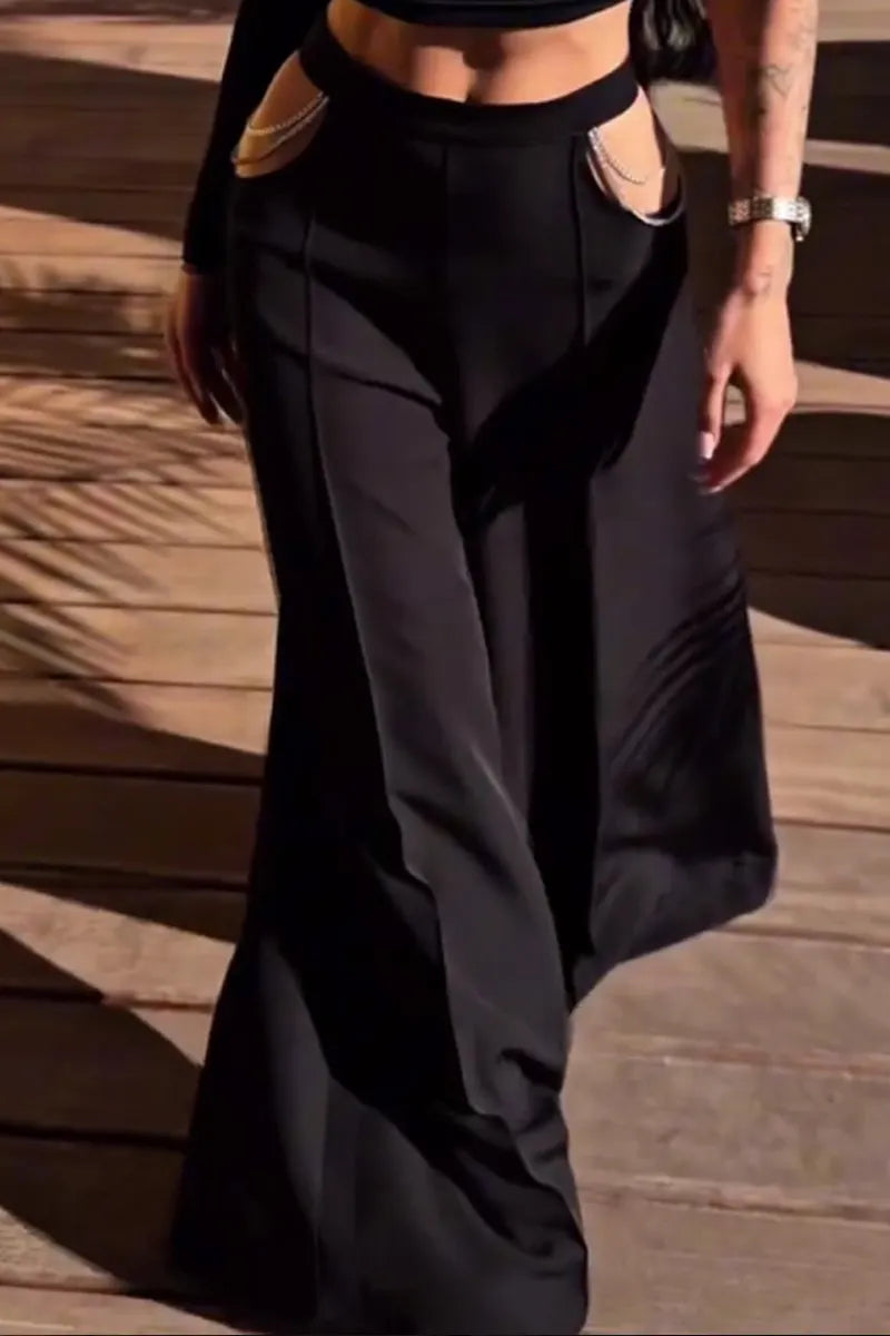 Women's Black Halter Choker Crop Tank Cutout Rhinestone Chain Wide Leg Pants