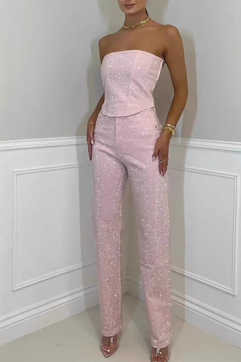 Ladies' Sexy Off Shoulder Sparkling Rhinestone Denim Top & Jeans