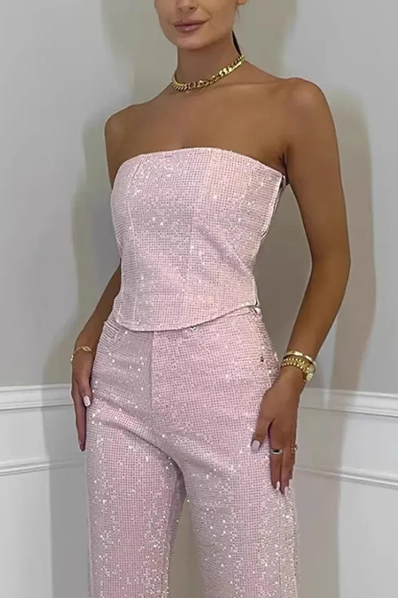 Ladies' Sexy Off Shoulder Sparkling Rhinestone Denim Top & Jeans