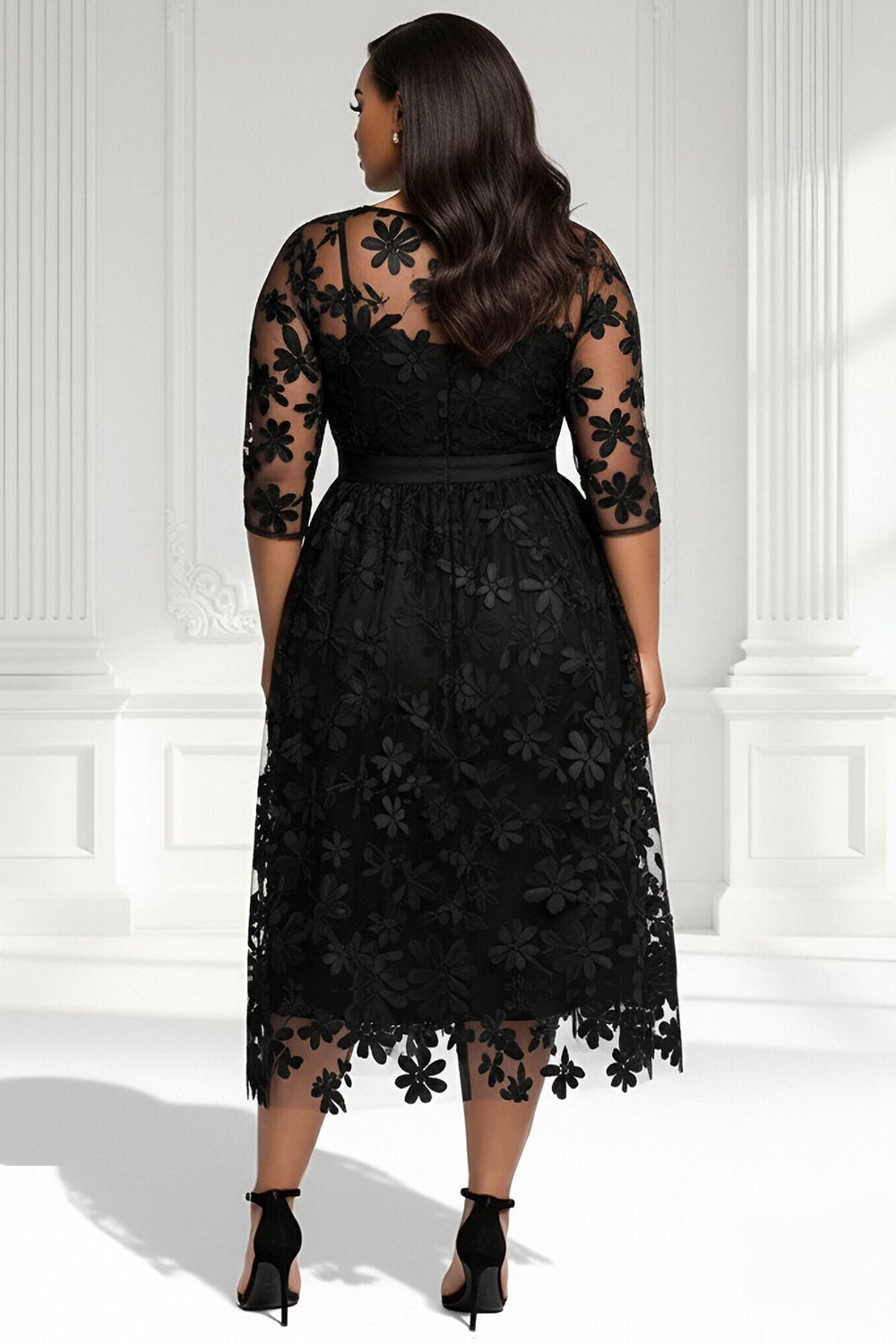 Cocktail Party Elegant Black Round Neck Half Sleeve See Through Tulle Midi Dresses