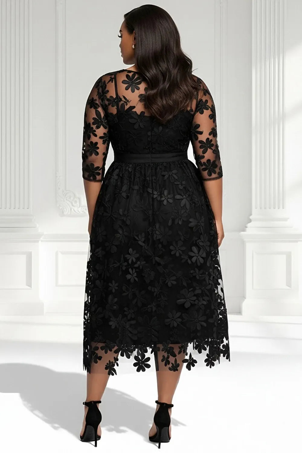 Cocktail Party Elegant Black Round Neck Half Sleeve See Through Tulle Midi Dresses