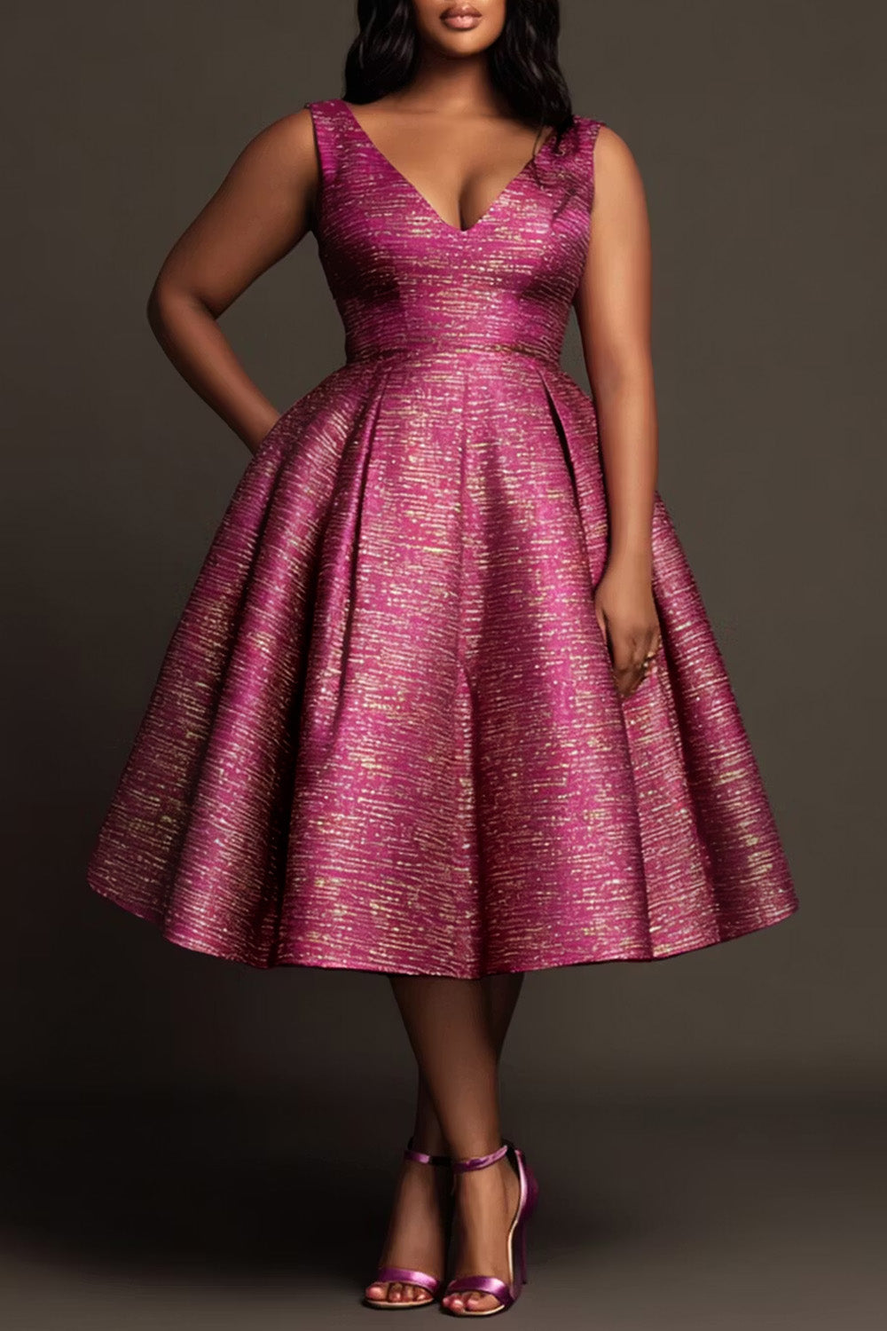 Cocktail Party Elegant Hot Pink V Neck Pocket Pleated Satin Midi Dresses