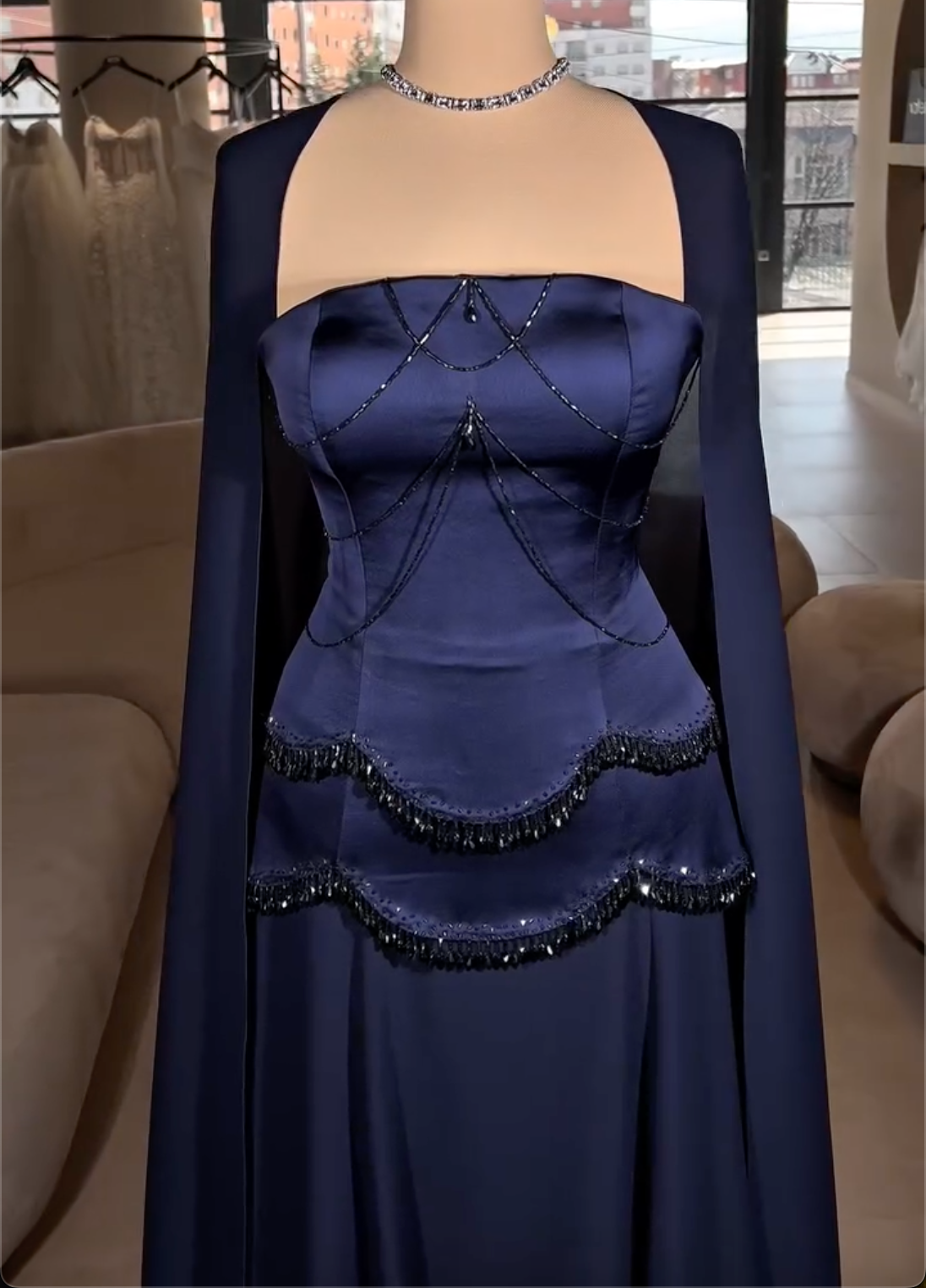 Navy Blue Strapless Maxi Dress with Crystal Beading & Cape Sleeves