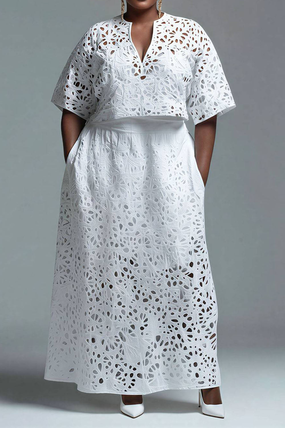 Business Casual White V Neck Short Sleeve Pocket Cut Out Two Piece Skirt Sets