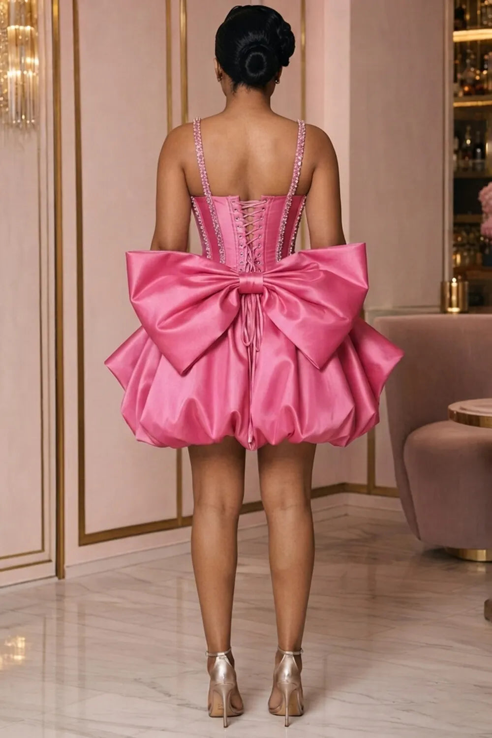 Cami Neck Rhinestone Corset Puff Hem Bowknot Mini Dresses-Fuchsia [Pre Order]
