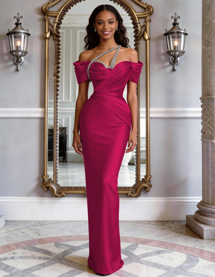 Solid Color Satin Off Shoulder Rhinestone Fishtail Maxi Dress