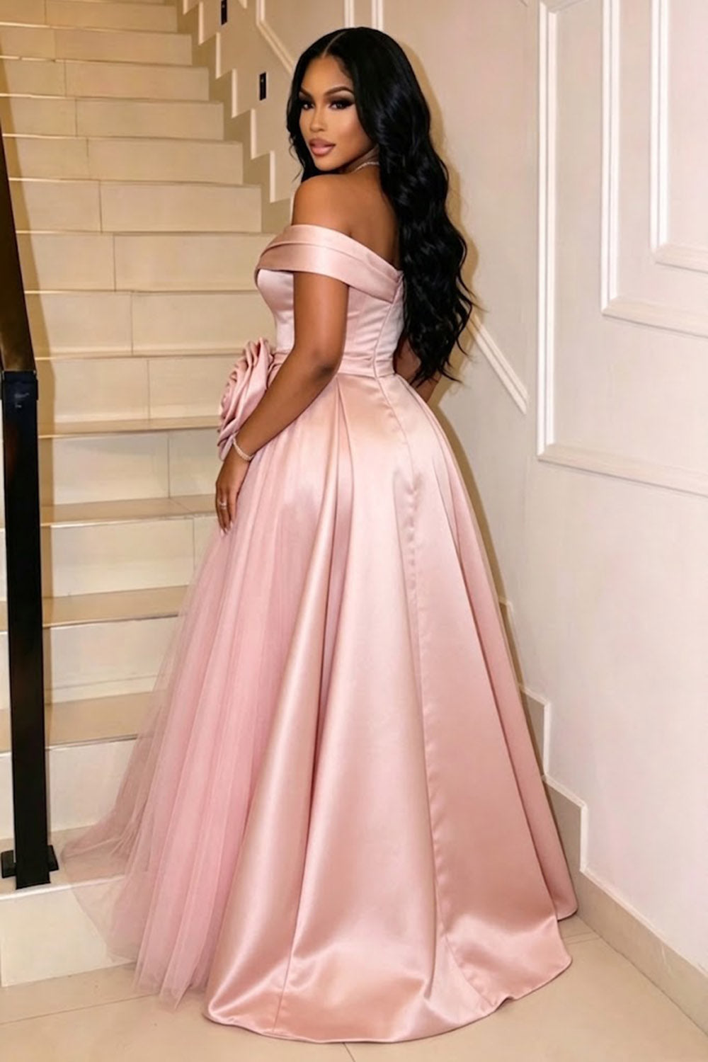 Off Shoulder 3D Floral Decor Slit Mesh Gowns Maxi Dresses-Pink [Pre Order]