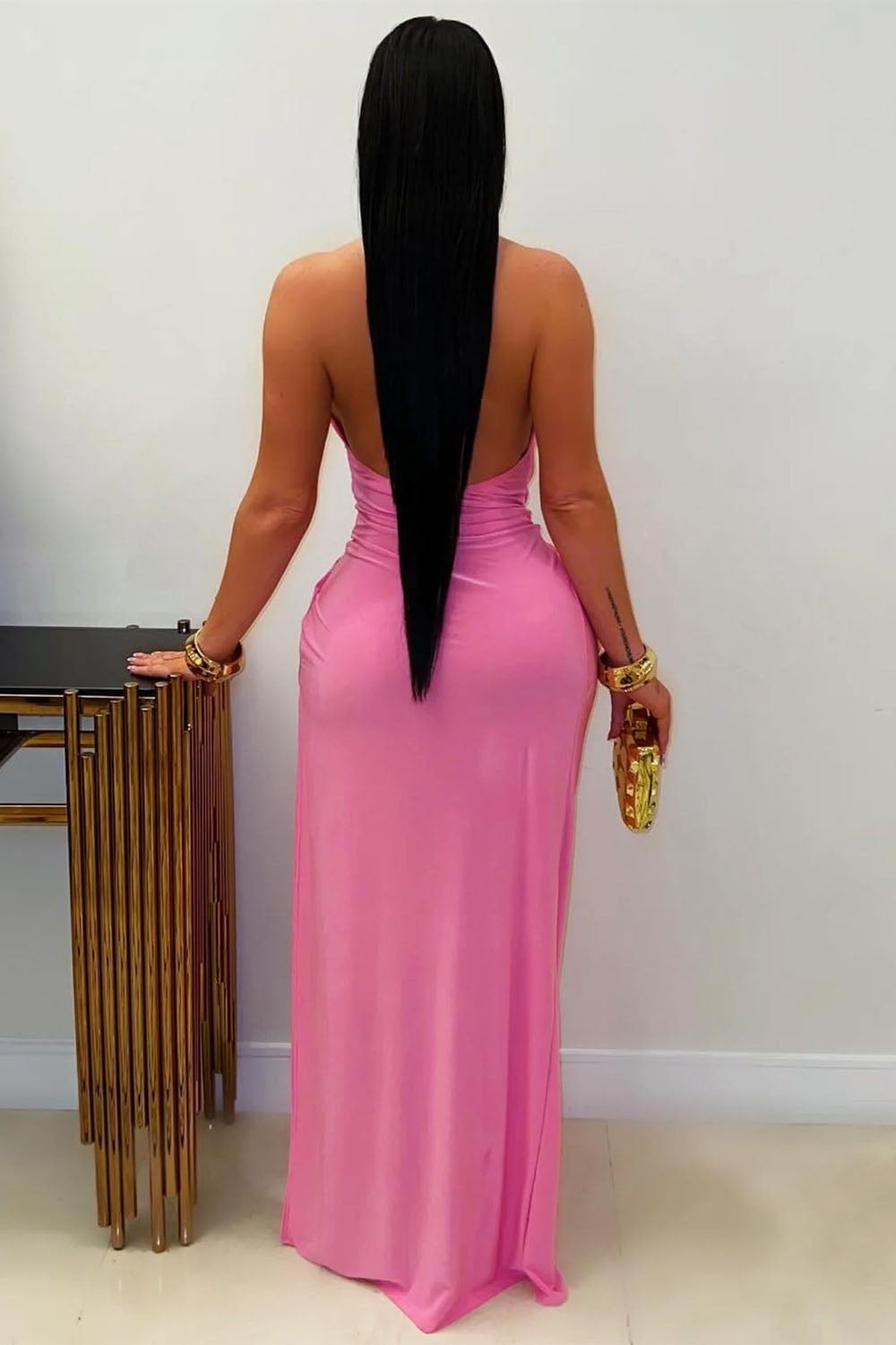 Deep V Halter Neck Waist Ruched Side High Slit Vacation Maxi Dresses-Black