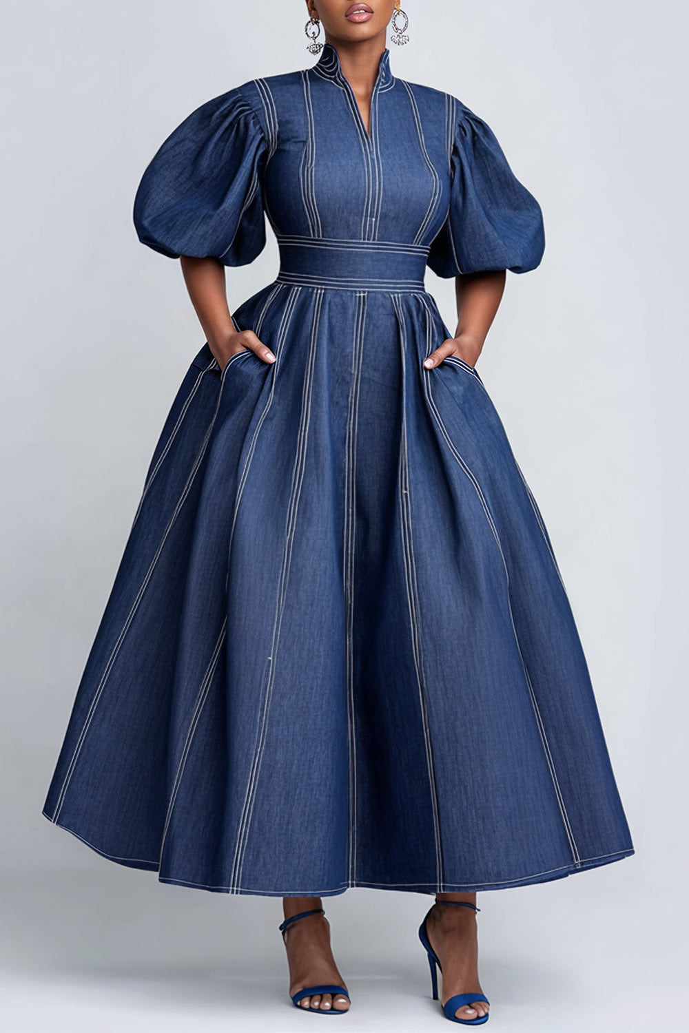 Xpluswear Design Plus Size Business Casual Blue Mock Neck Puff Sleeve Short Sleeve Pocket Elegant Tencel Denim Midi Dresses