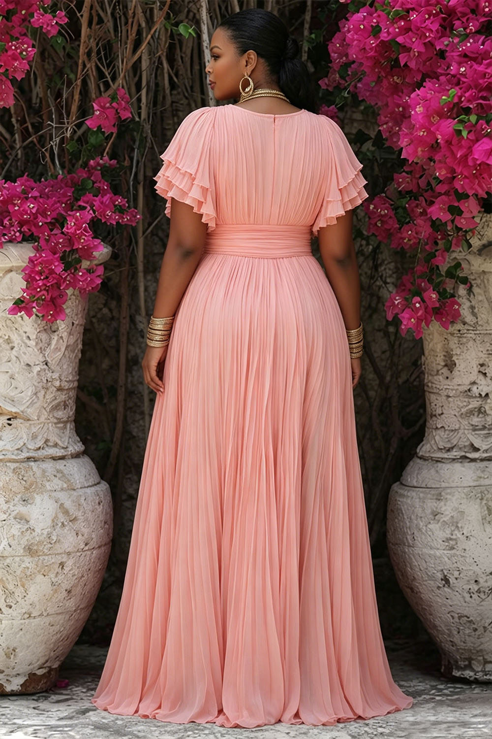 Pink Wrap Neck Short Sleeve Ruffle Pleated Maxi Dresses