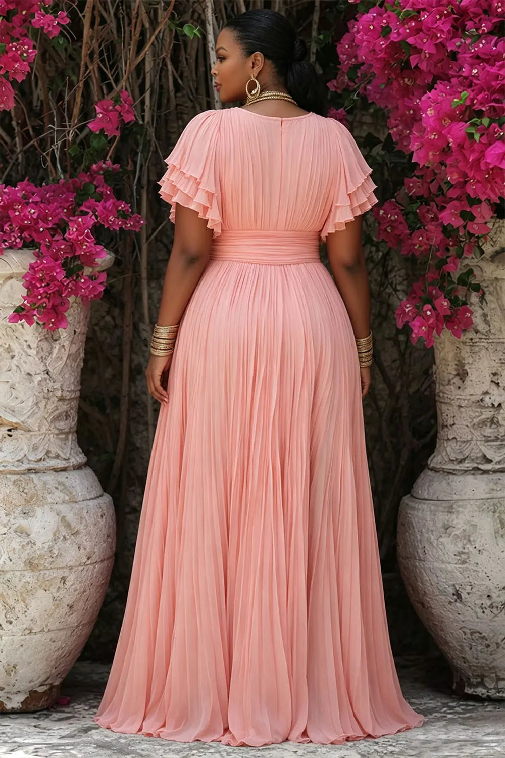 Pink Wrap Neck Short Sleeve Ruffle Pleated Maxi Dresses
