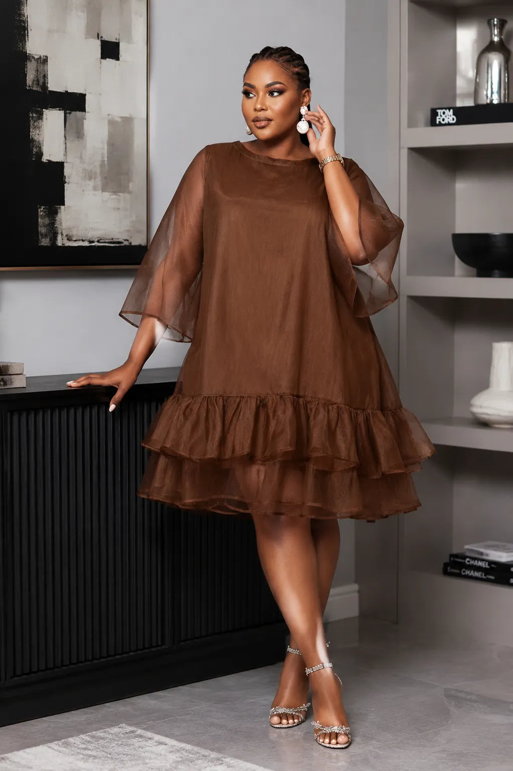 Party Elegant Brown Round Neck Flare Short Sleeve Ruffle Organza Midi Dresses
