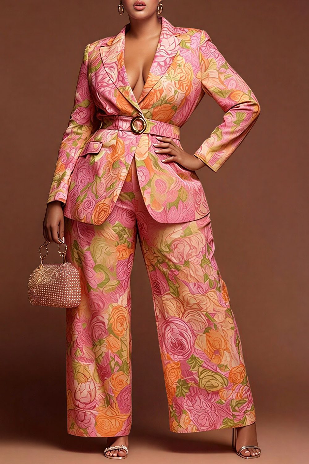 Pink Floral Turndown Collar Long Sleeve Pocket Satin Two Piece Pant Suits