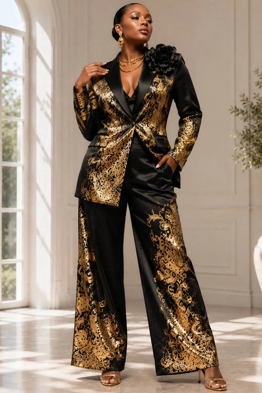 Gold Foil Print Lapel Collar Long Sleeve Pocket Satin Two Piece Pant Suits [Pre-Order]