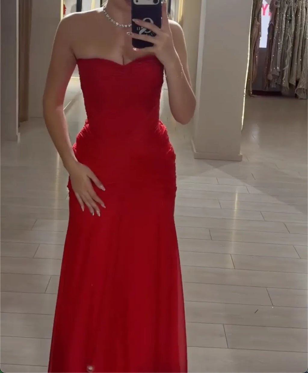 Red Strapless Sweetheart Evening Maxi Dress - Side Ruched Mesh Mermaid Formal Gown