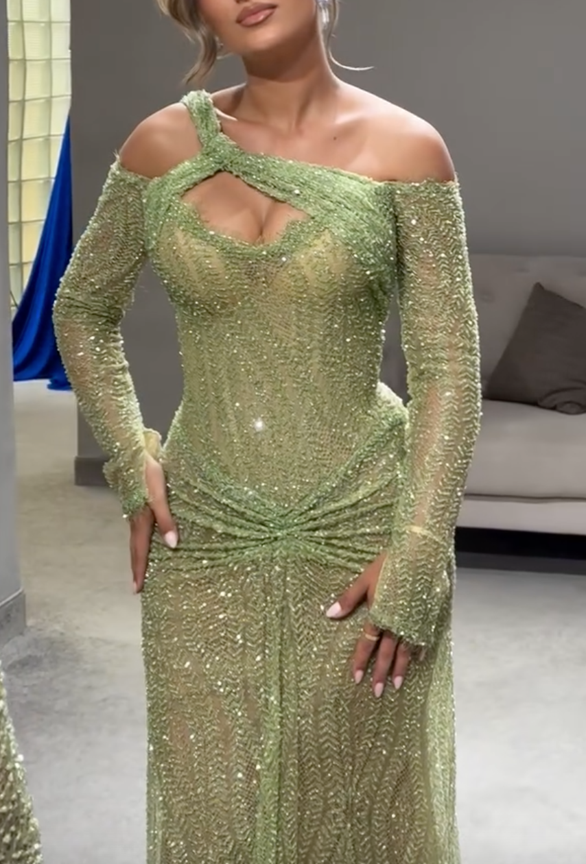 Mint Green Beaded One-Shoulder Maxi Dress with Cutout & Ruched Waist