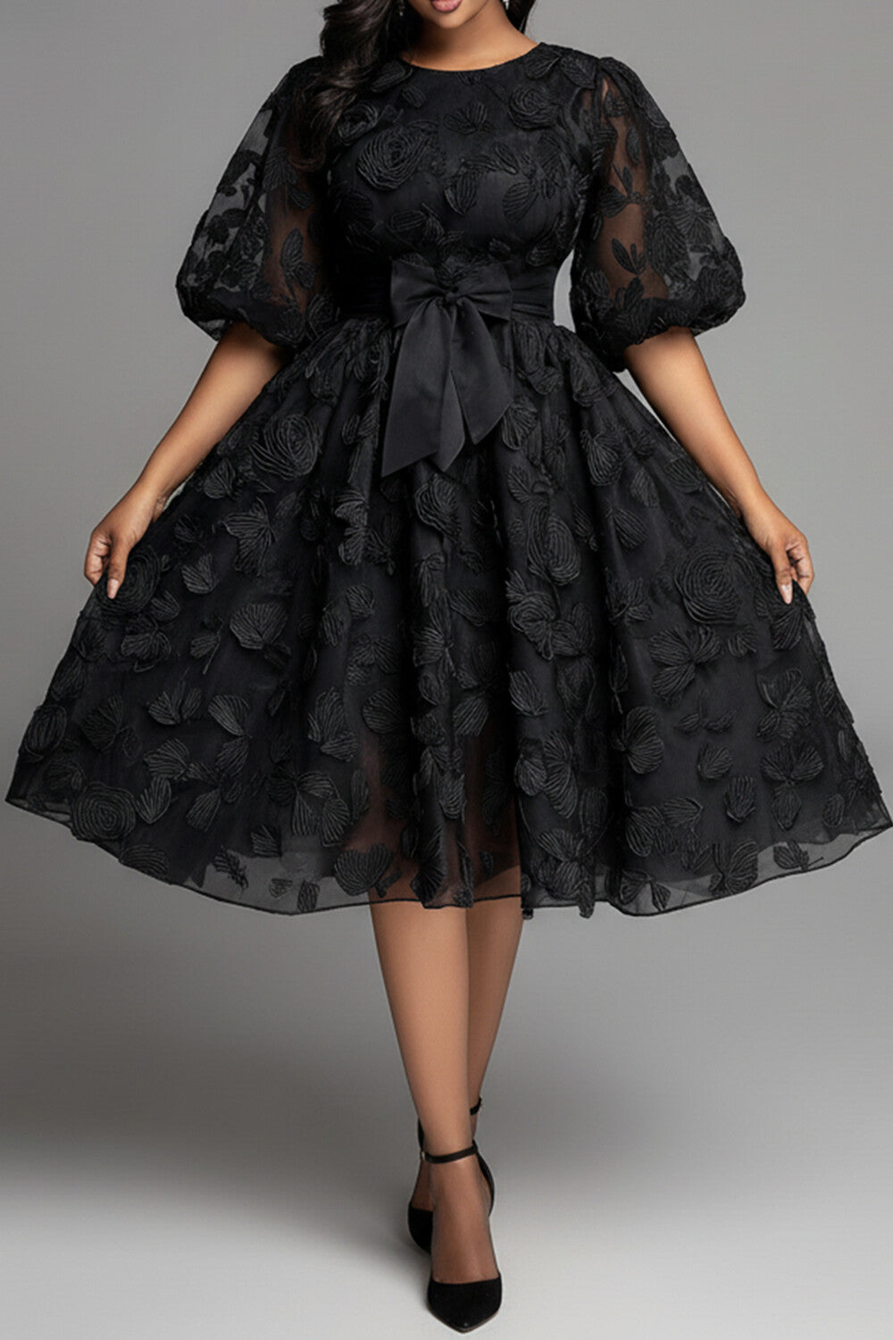 Cocktail Party Black Round Neck Short Sleeve Pocket See Through Lace Midi Dresses