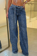 Wide-Legs Jeans with Luxe Rhinestone Waist Detail