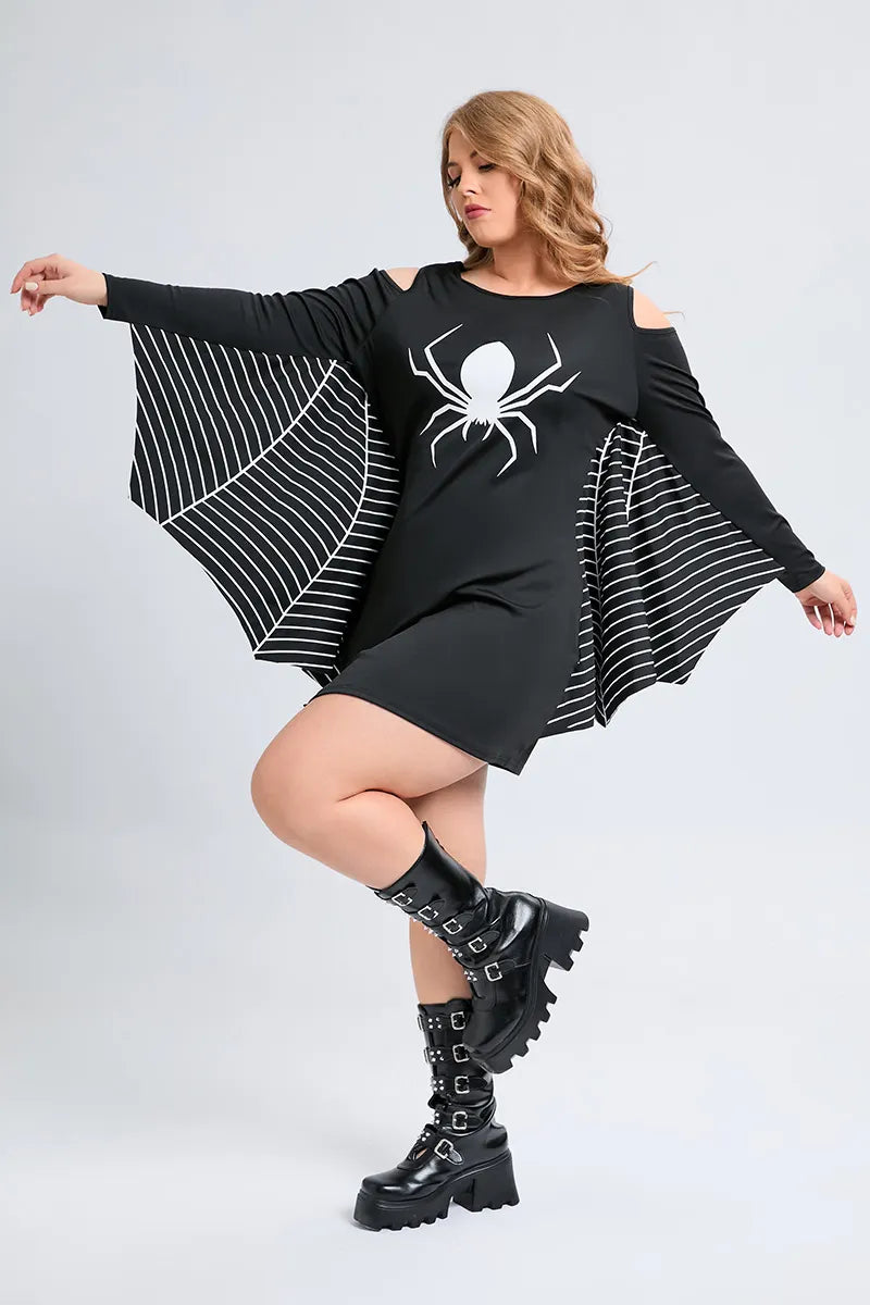 Halloween Costumes Black Spider Print Cold Shoulder Mini Dress (Only Dress)(Ships 24h)