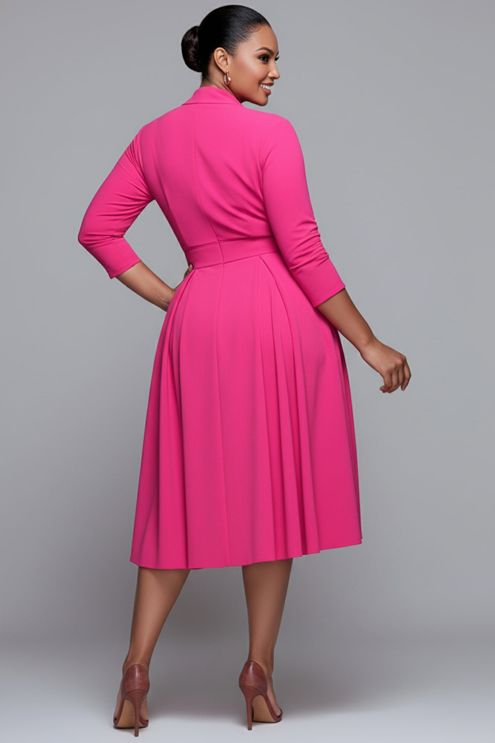 Business Casual Pink V Neck 3/4 Sleeve Pocket Midi Dresses