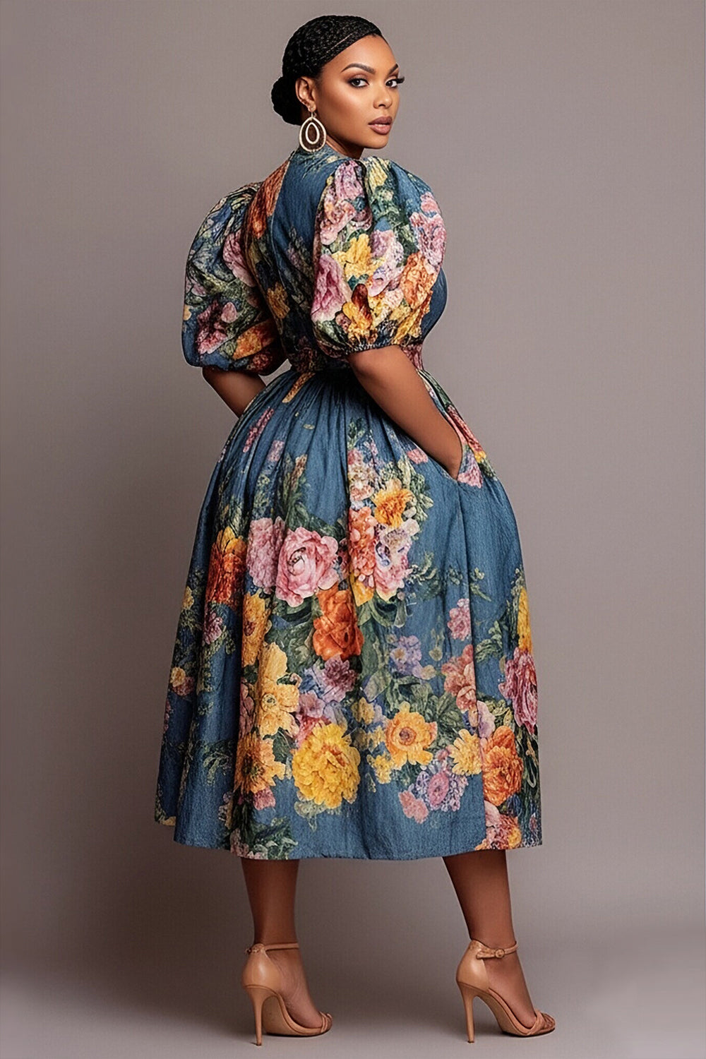 Xpluswear Design Plus Size Party Blue Floral V Neck Puff Sleeve Short Sleeve Pocket Denim Midi Dresses