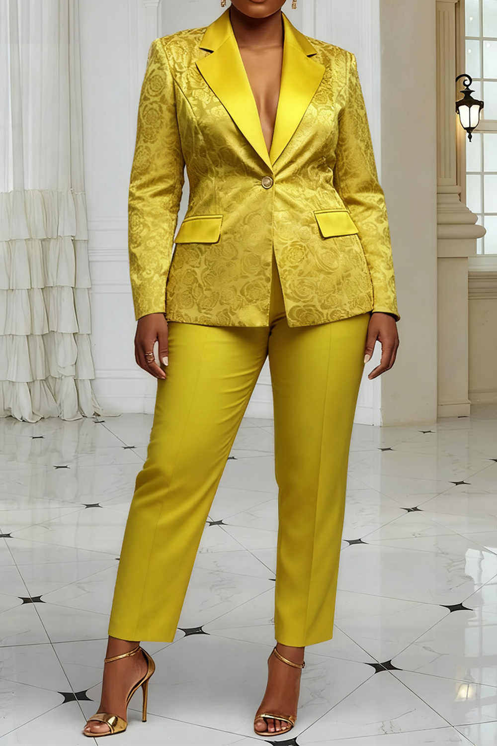 Christmas Gold Lapel Collar Long Sleeve Jacquard Elegant Satin Two Piece Pant Suits