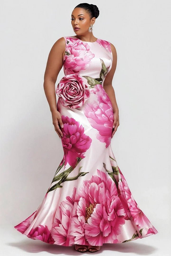 Elegant Pink Floral Round Neck Mermaid 3D Satin Maxi Dresses