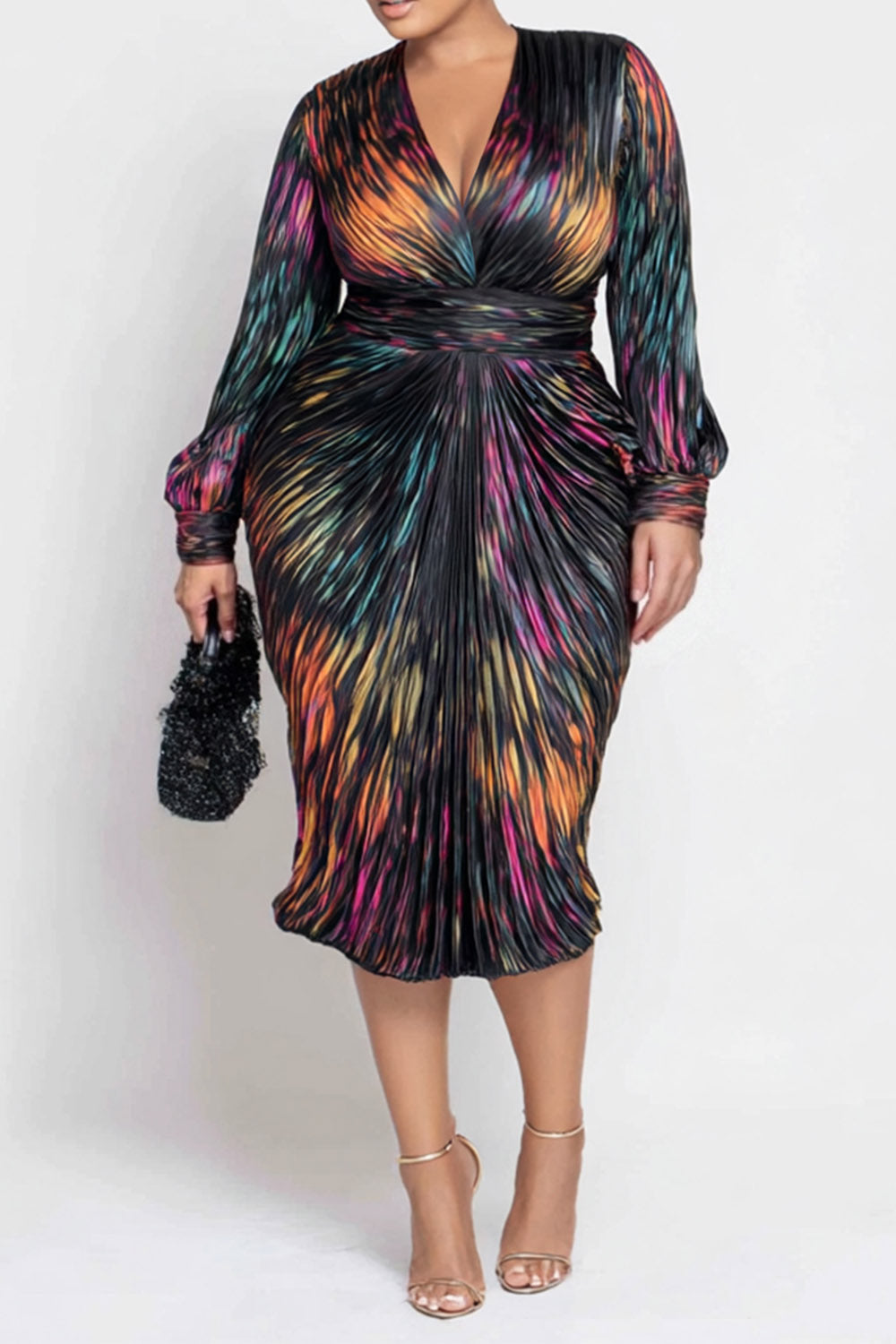 Business Casual Multicolor All Over Print V Neck Long Sleeve Bodycon Elegant Satin Midi Dresses