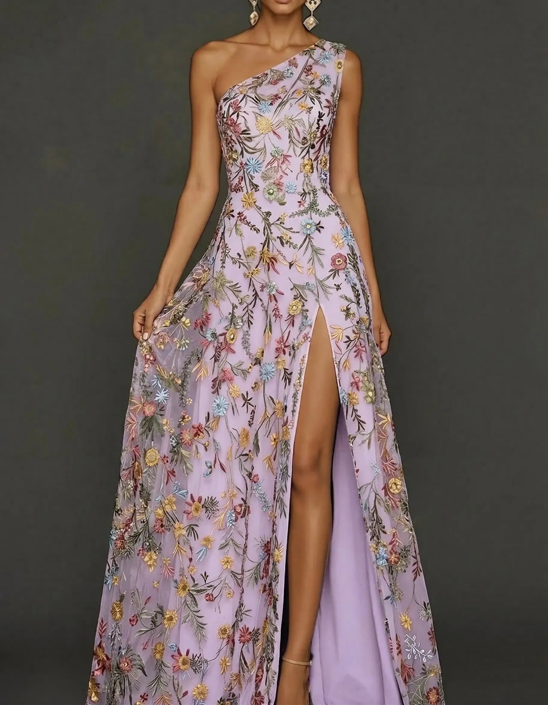 Chiffon Lace Embroidered One Shoulder Fitted Waist Maxi Dress