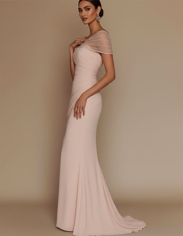 One-Shoulder Mesh-Patched Pleated Mermaid Maxi Dress
