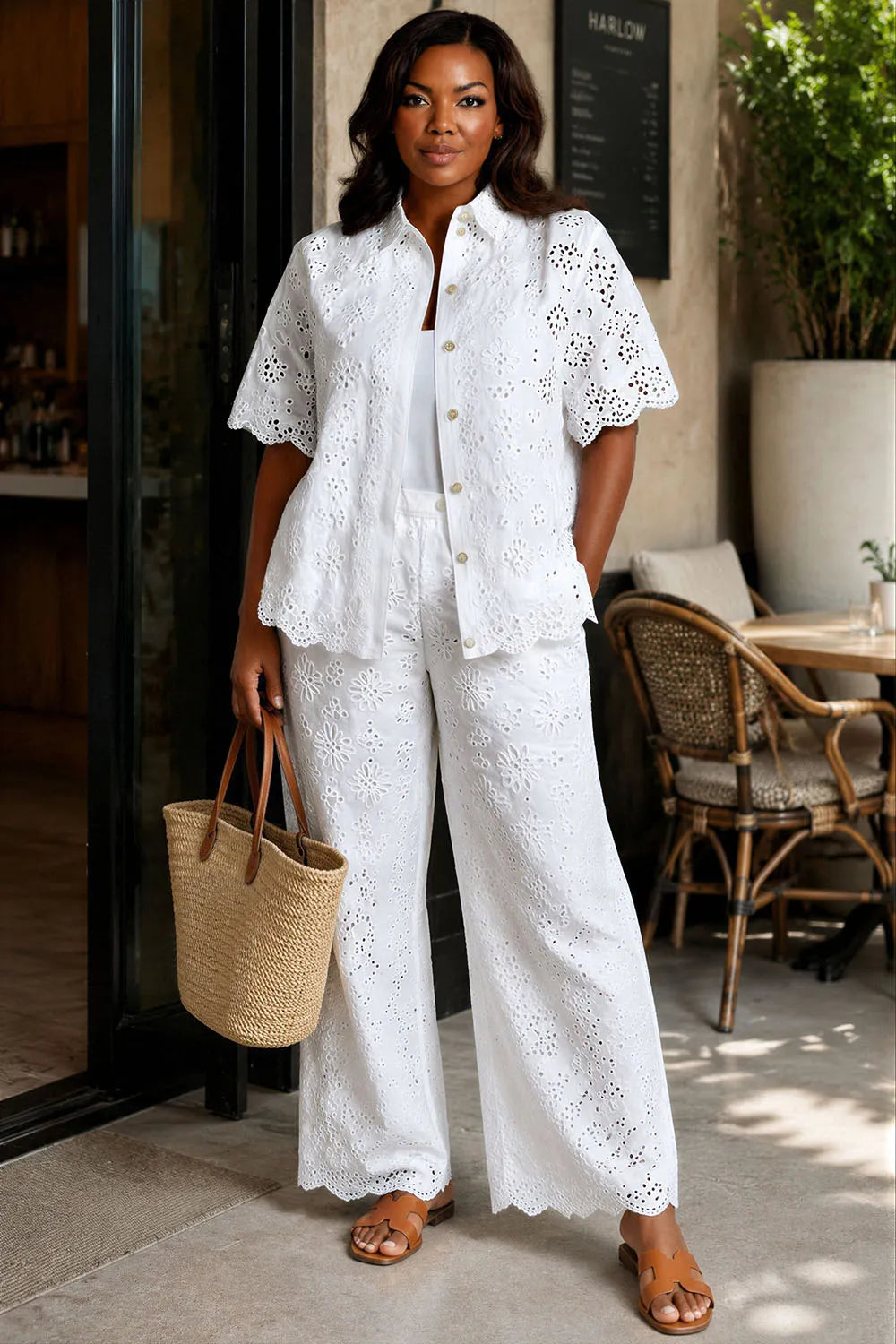 Vacation Casual White Shirt Collar Short Sleeve Pocket Two Piece Pant Sets [Pre-Order]